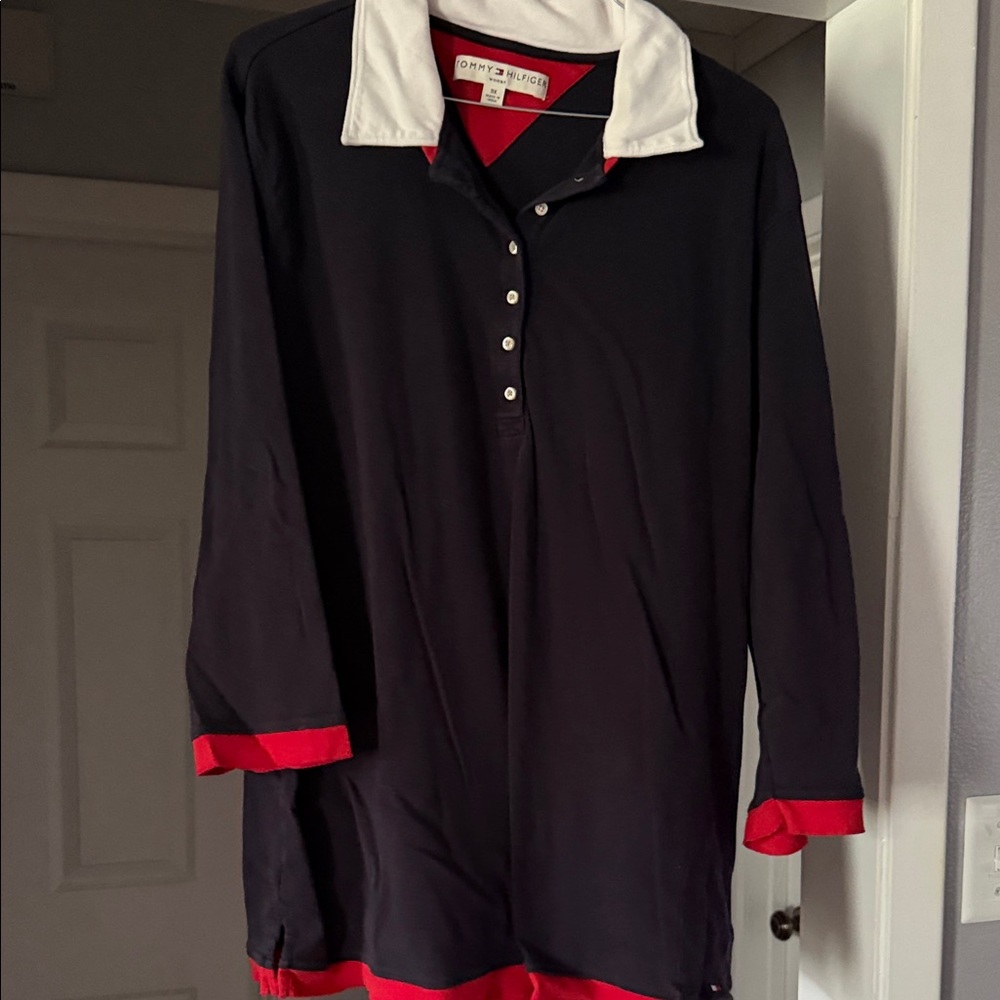 Women’s Ralph Lauren Navy Polo, Red Accents with White Collar and 3/4” Sleeves